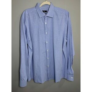HUGO BOSS Men's Blue Gingham Dress Shirt Sharp Fit 17.5 Neck 36-37 Sleeve Cotton